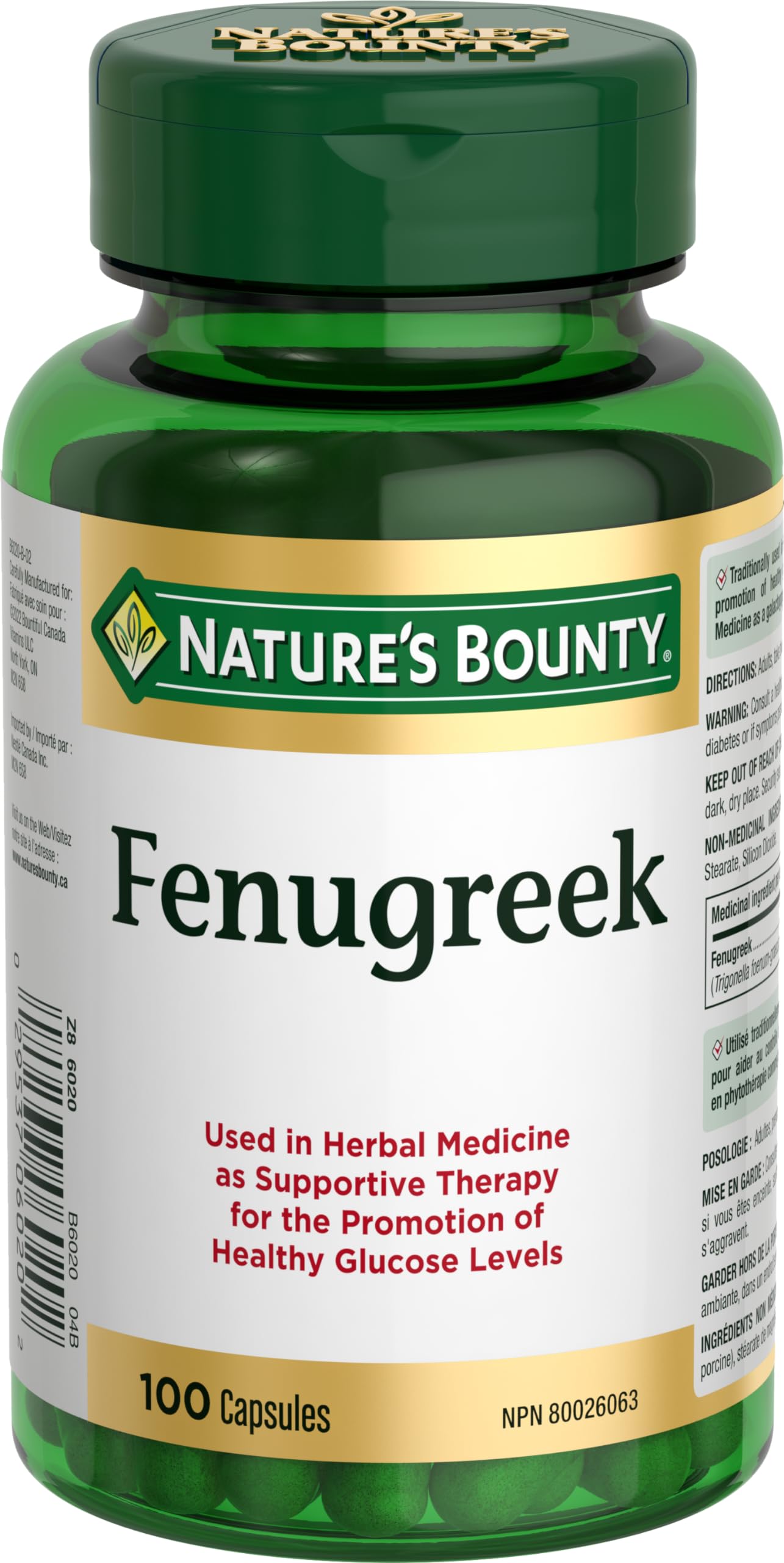 Natures Bounty Fenugreek Capsules, 100 Count, Gelatin, Contains Silica and Vegetable Magnesium Stearate
