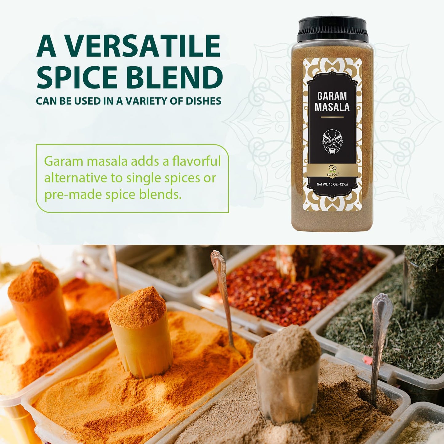 Soeos Garam Masala, 15 oz (425g), Garam Masala Powder, Indian 8-Spice Blend, Salt-No, Vegan, No Colors, Gluten Friendly, Non-GMO