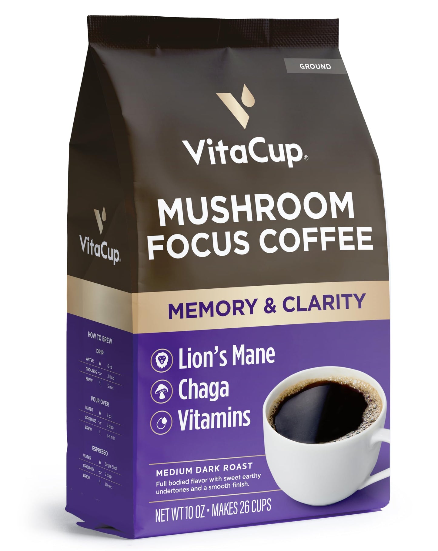 VitaCup Focus Mushroom Coffee Grounds, Medium Dark Roast, 10 Oz, with Lions Mane & Chaga, 100% Arabica
