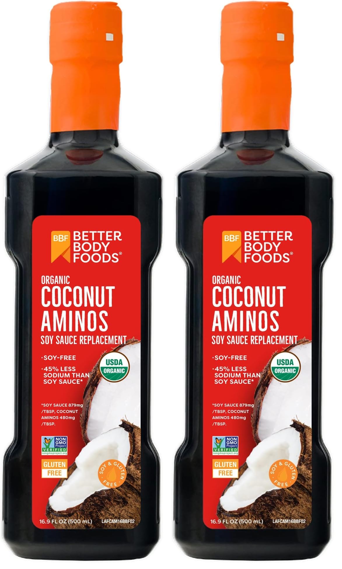 BetterBody Foods Organic Coconut Aminos, Soy Sauce Alternative, Gluten Free, Soy Free, Non-GMO, Kosher, 16.9 Ounces (Pack of 2)