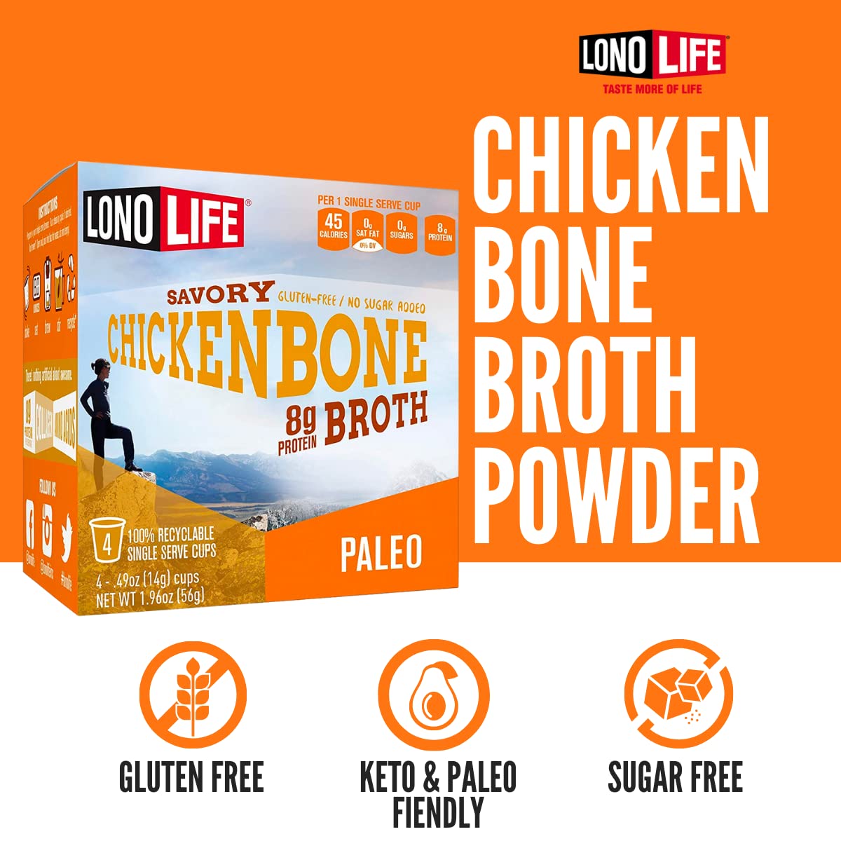 Lonolife Chicken Bone Broth Powder Mix | 10G Protein | Collagen-Rich, Keto & Paleo Friendly | Natural Ingredients | 10 Single-Se