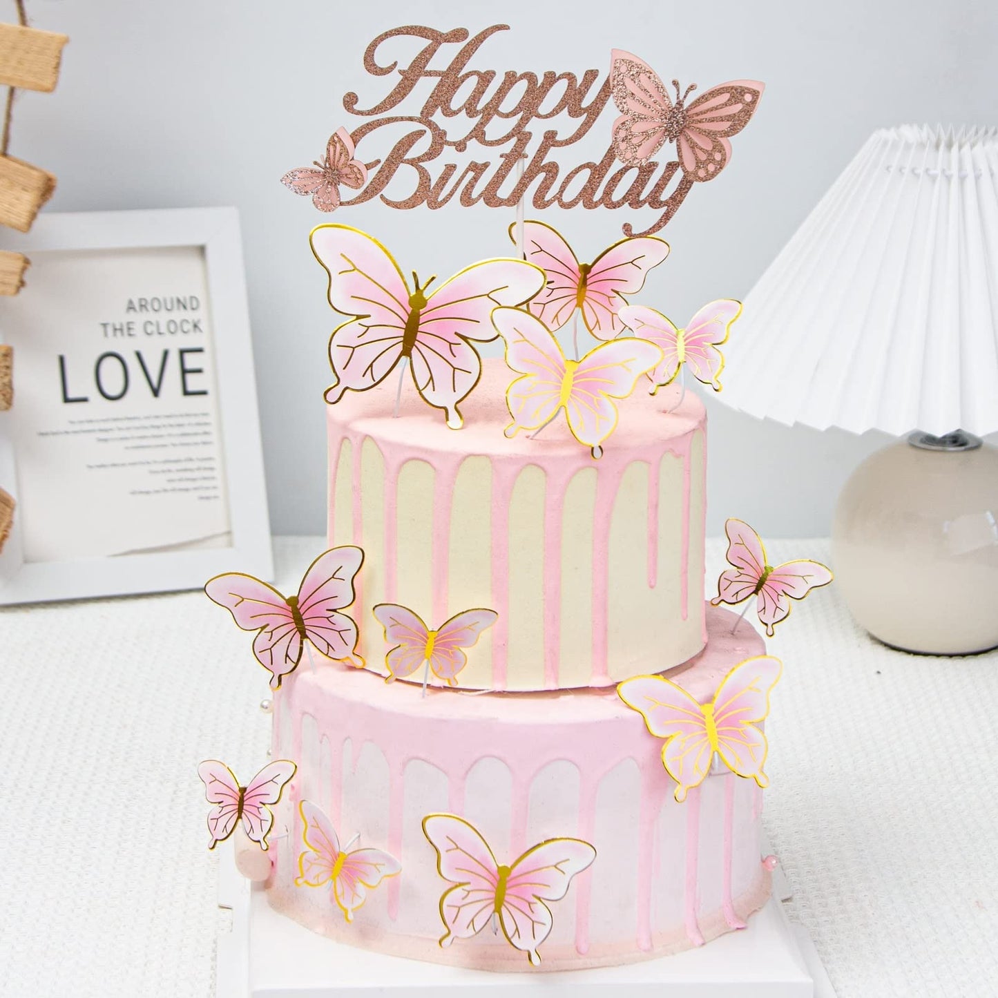 ALISSAR Rose Gold Happy Birthday Cake Topper Set, Butterfly Cake Topper and 16 Pieces Pink Butterfly Cupcake Toppers for Girls W