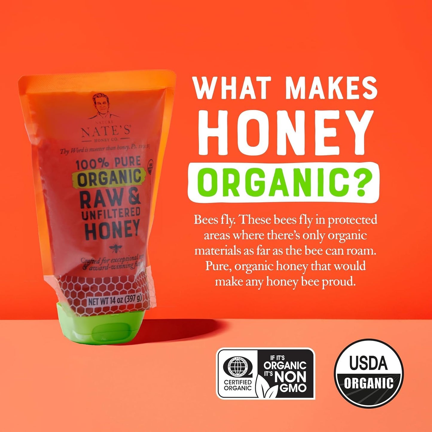 Nature Nate s 100% Pure USDA Organic Raw & Unfiltered Honey, Two 14 oz. No-Drip Sustainable Squeeze Pouches; Purity Guarantee,