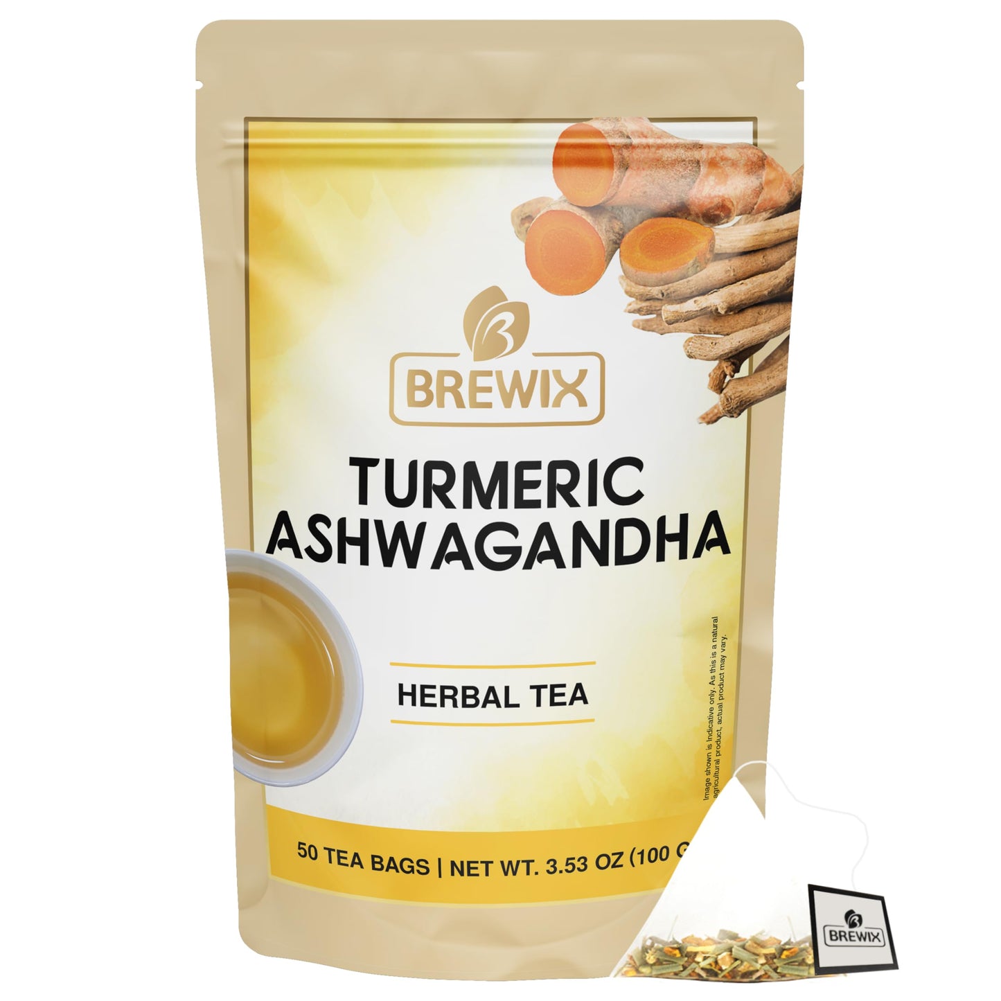 BREWIX Turmeric Ashwagandha Herbal Tea, 50 Pyramid Tea Bags, Caffeine Free, Gluten Free, Stress & Mood Support