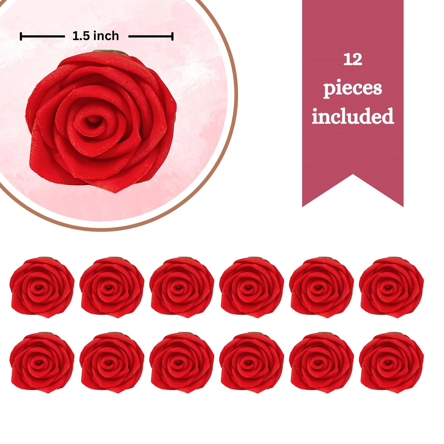 Confect Edible Red Rose Toppers - Pack Of 12 Christmas Cake Decorations For Cupcakes, Cakes & Donuts - Vegan, Gluten-Free, Dairy