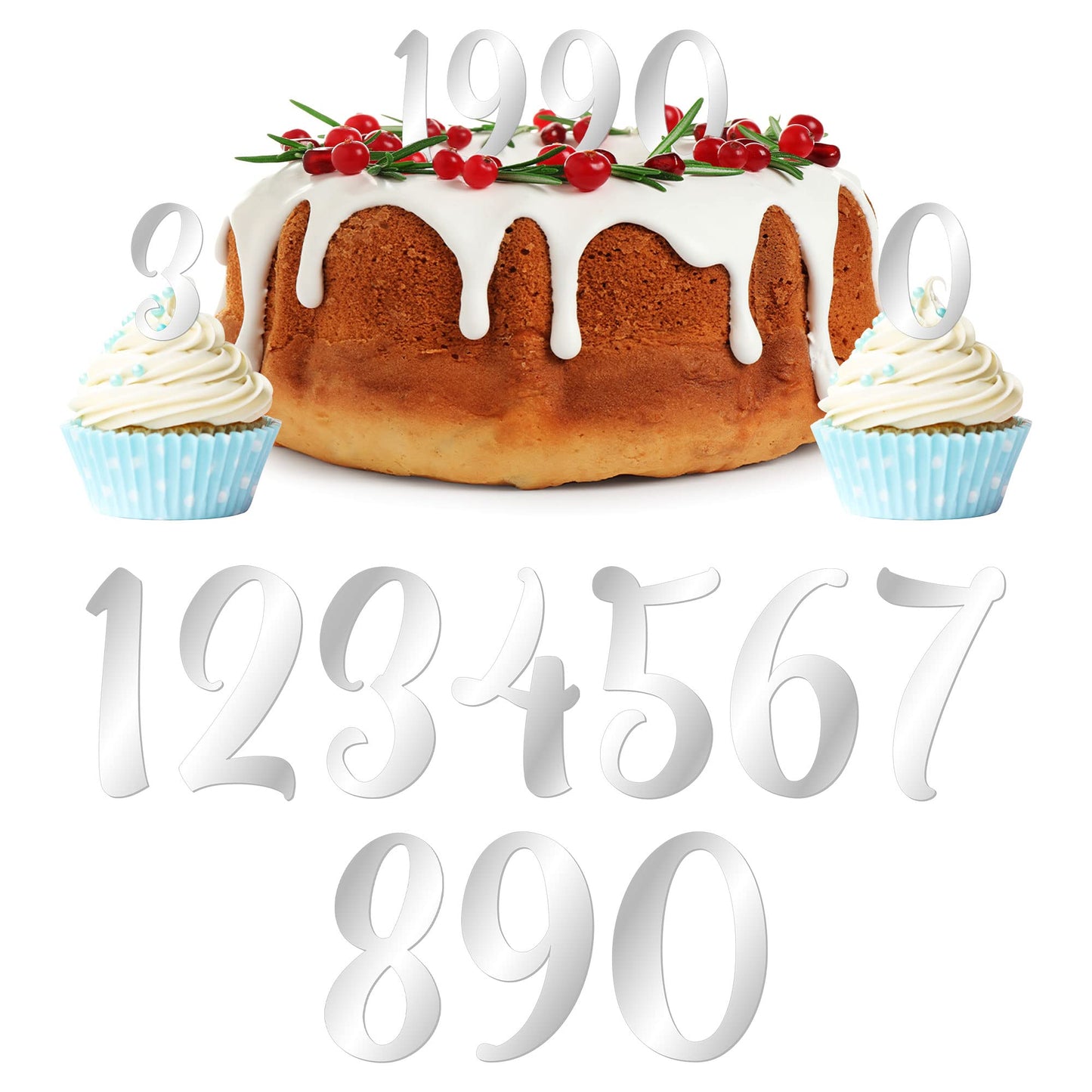 Gyufise 10Pcs Acrylic Number Cake Topper Diy Cupcake Toppers With 0-9 Numbers Mirrored Silver Picks For Wedding Cake Decorations