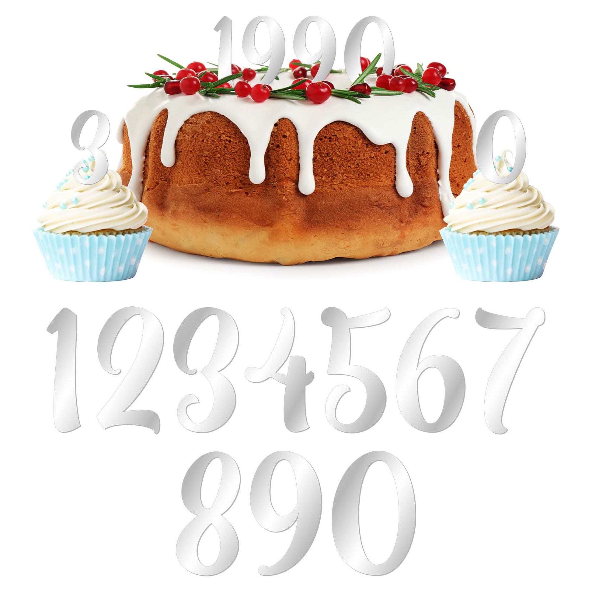 Gyufise 10Pcs Acrylic Number Cake Topper Diy Cupcake Toppers With 0-9 Numbers Mirrored Silver Picks For Wedding Cake Decorations