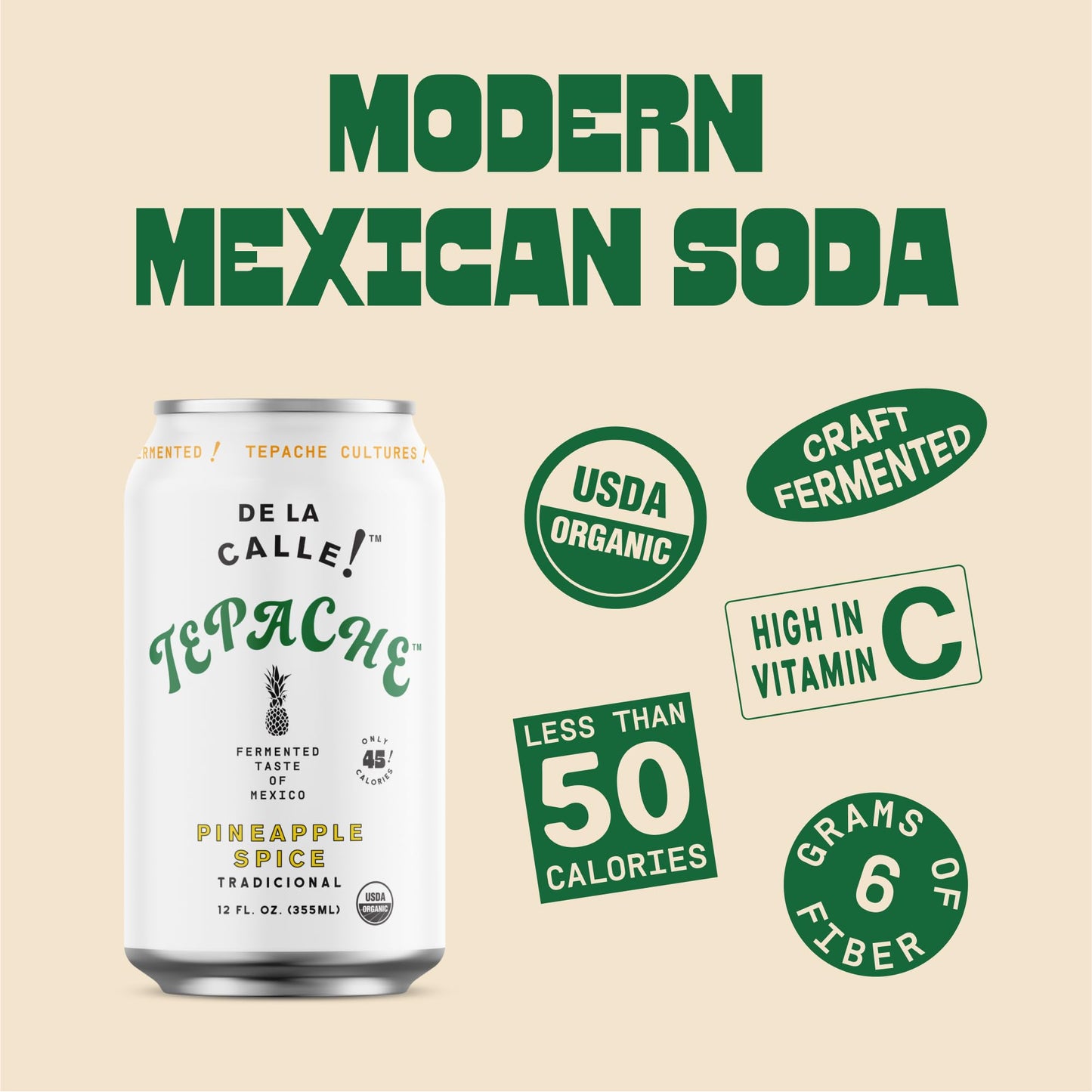 De La Calle Tepache - Pineapple Spice - Modern Mexican Soda - Craft Fermented Pineapple Sparkling Beverage - Certified Organic, Antioxidant Rich, Non- Ic, Healthy Soda, Low Sugar, Low Calorie, Non-Gmo