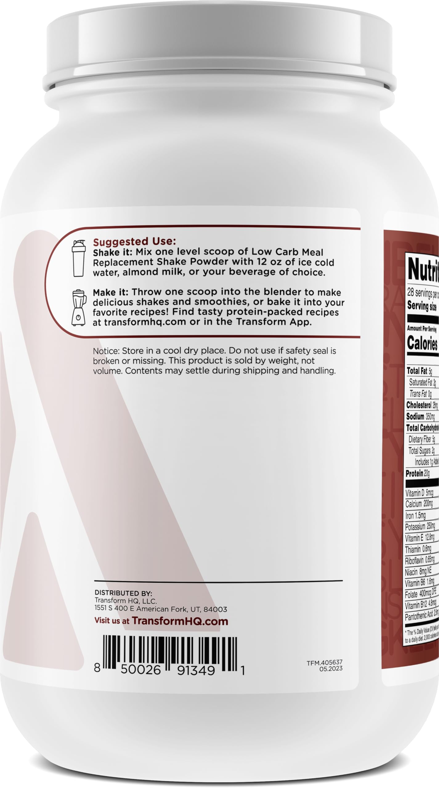 TransformHQ Meal Replacement Shake Powder 28 Servings (Chocolate) - Gluten Free, Non-GMO