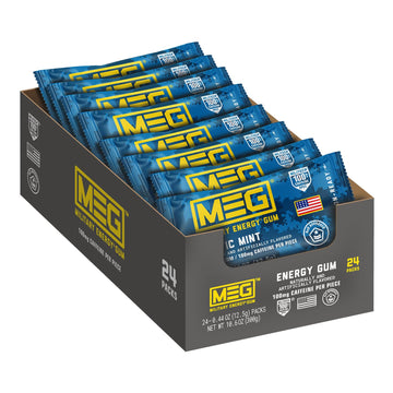 MEG - Military Energy Gum | 100mg of Caffeine Per Piece + Increase Energy + Boost Physical Performance + Arctic Mint 24 Pack (120 Count)