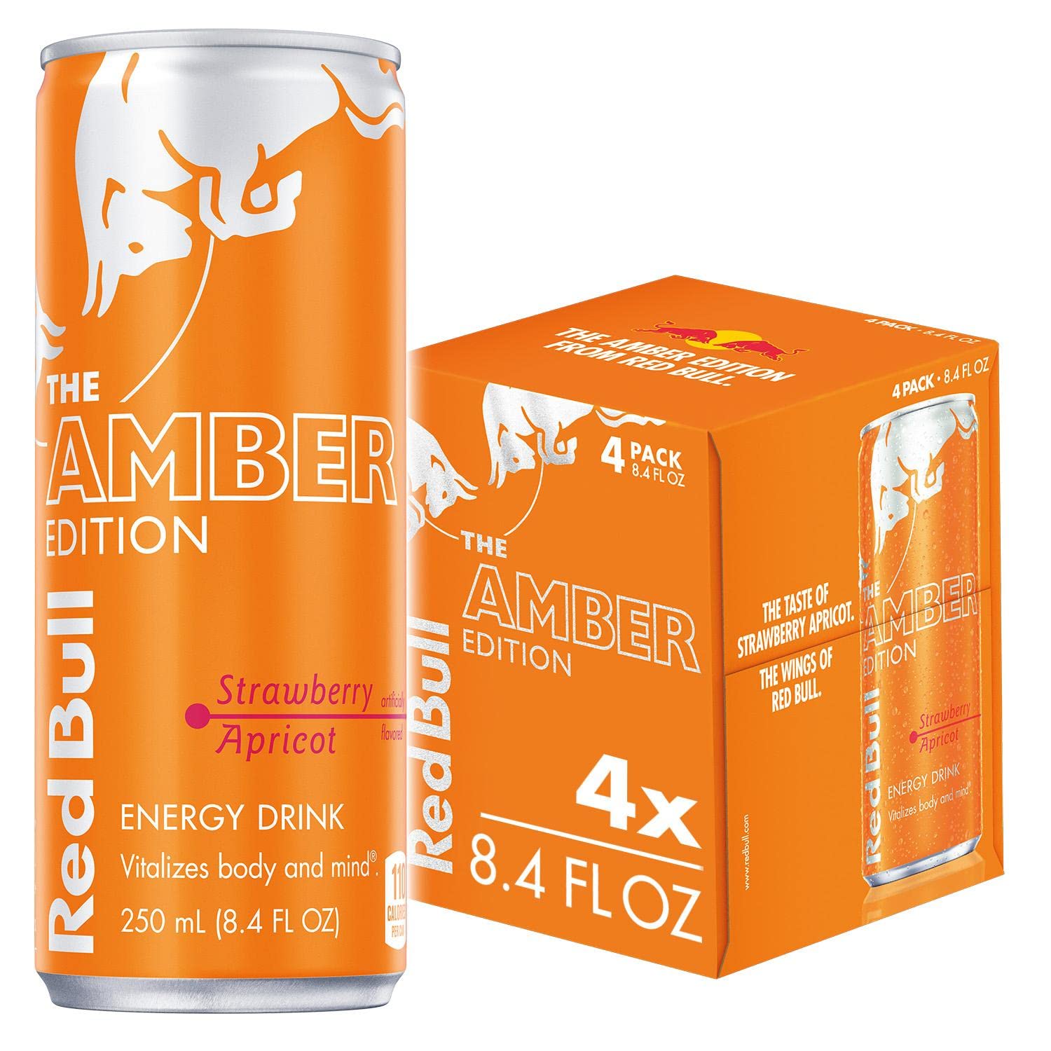 Red Bull Amber Edition Energy Drink, Strawberry Apricot, 80mg Caffeine, 8.4 Fl Oz, Pack of 4 Cans