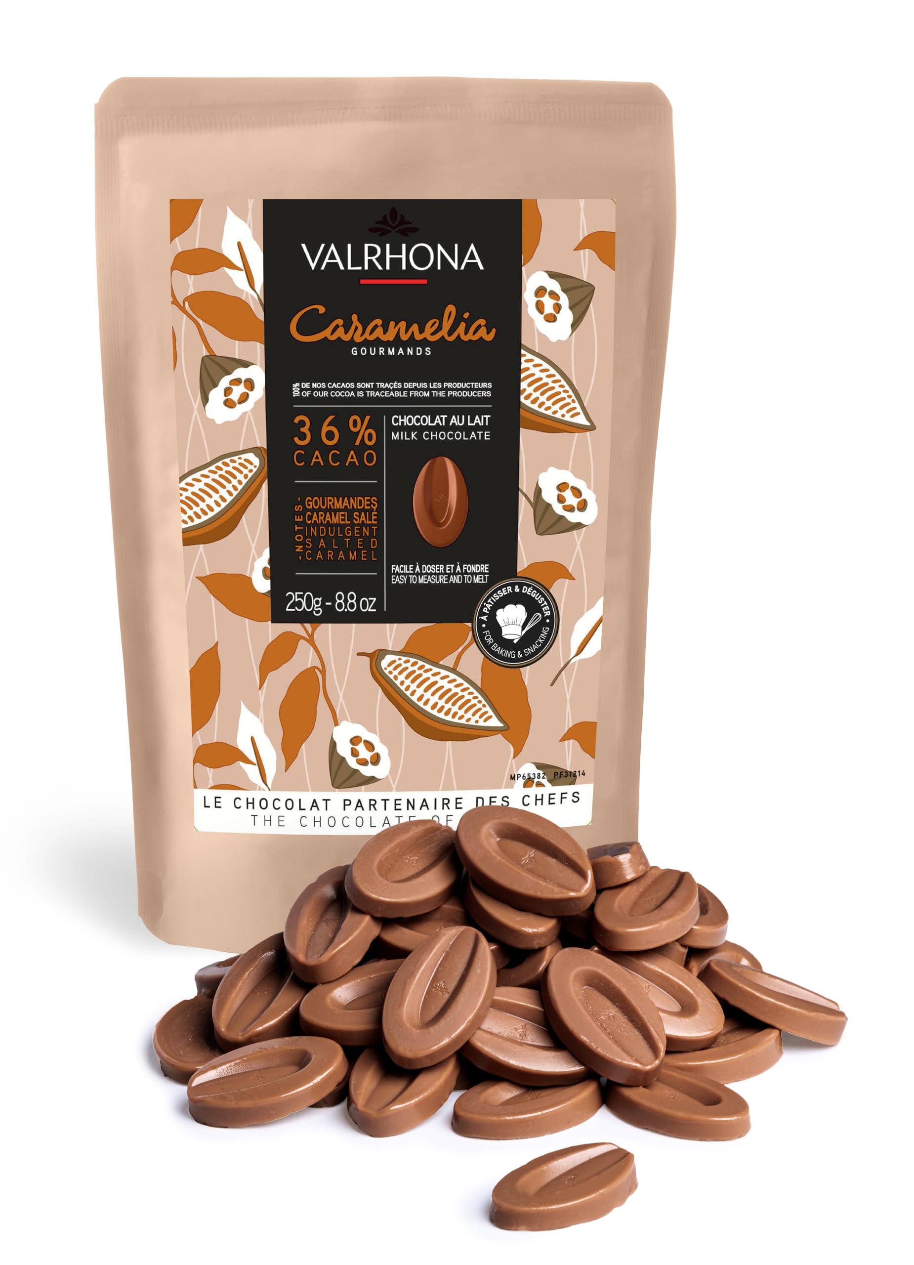 Valrhona Enhanced French Baking Milk Chocolate Discs (Feves). Caramelia 36% Cacao. Creamy, Caramel, Salted Butter Notes. Easy Melt-Tempering. Milky, Balanced. Luscious Frosting, Sauces 250G (Pack Of 1)