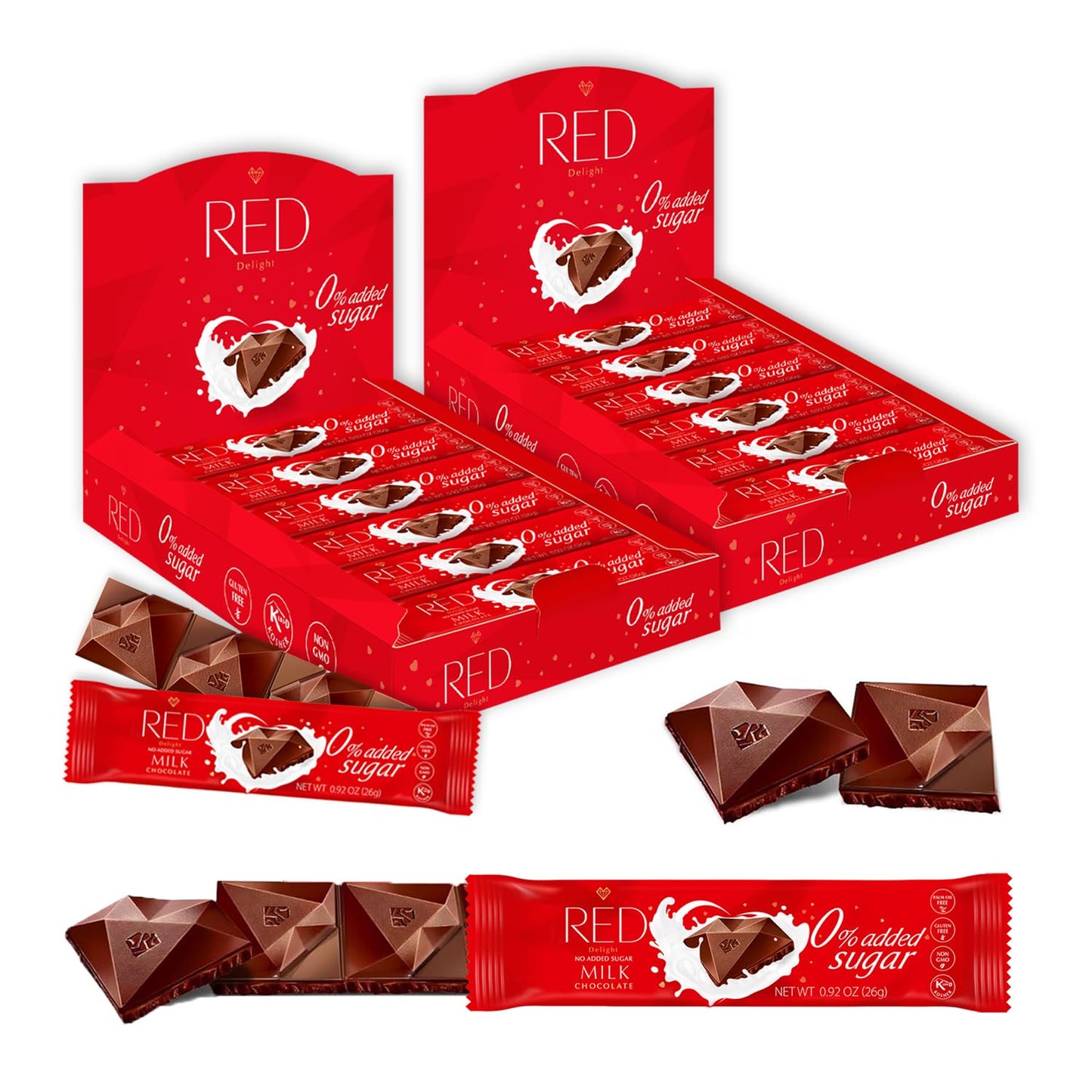 Red Delight Milk Chocolate Snack Bars - Pack Of 24 Diamond-Shaped Milk Chocolates (22.08Oz) With Rich Cocoa Flavor - European-Style Dark Chocolates - No Added Sugar  Gluten-Free And Kosher Certified