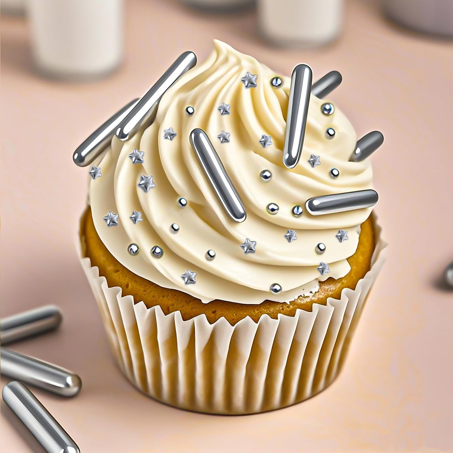 Twisweet Silver Pearl Rods Star Sprinkles, Edible Sugar Sprinkles for Cake Decorating, Mix Size Candy Pearls for Baking Cake Top