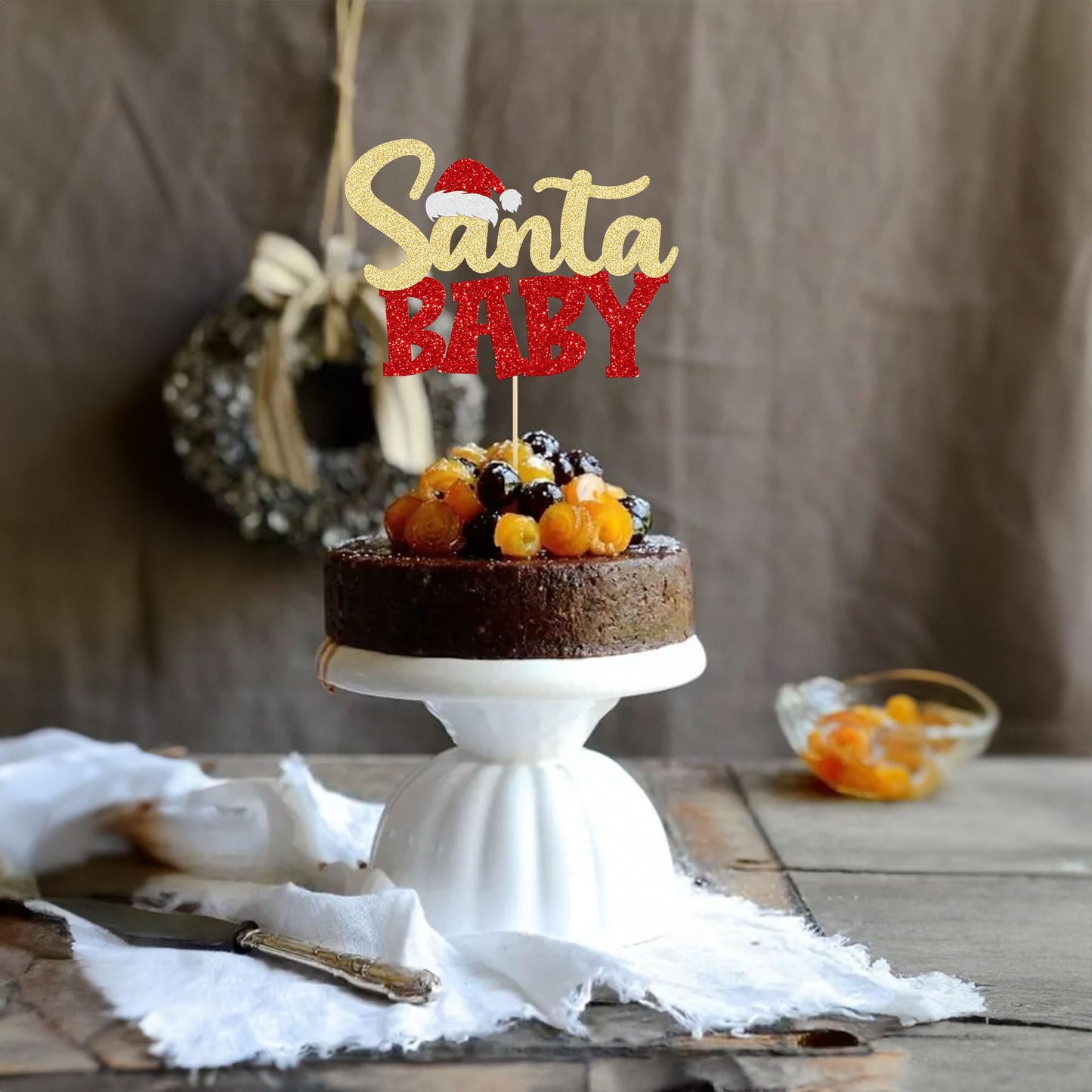 Gyufise 1Pc Santa Baby Cake Topper Red Glitter Xmas Hat Santa Baby Shower Cake Picks Christmas Baby Shower Cake Decoration For C
