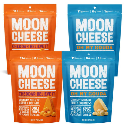 Moon Cheese, 100% Cheese, Low-carb 2 oz, Keto-Friendly, high protein 4 Pack (2 Cheddar, 2 Gouda) snack alternative to protein ba