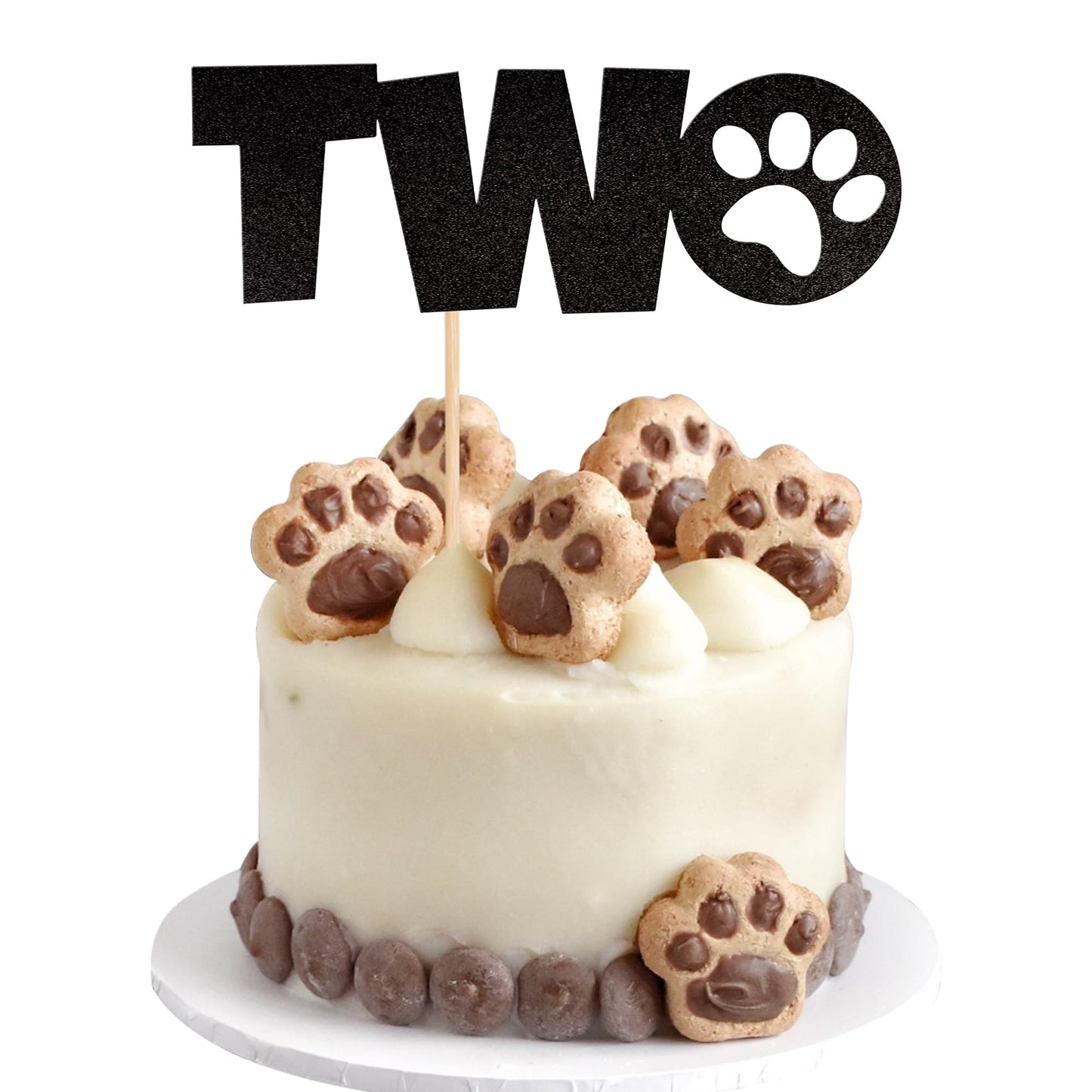 1 PCS Two Cake Topper Black Glitter Dog Paw 2 Years Old Birthday Cake Pick for Puppy Dog Let's Pawty Theme Kids Boys Girls 2nd B