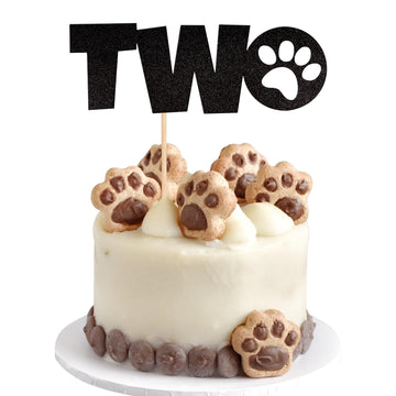 1 PCS Two Cake Topper Black Glitter Dog Paw 2 Years Old Birthday Cake Pick for Puppy Dog Let's Pawty Theme Kids Boys Girls 2nd B