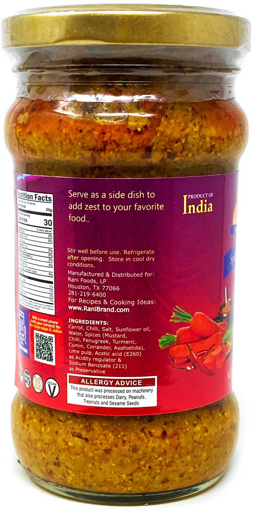 Rani Carrot & Chilli Pickle Hot (Achar, Spicy Indian Relish) 10.5Oz (300G) Glass Jar ~ Vegan | Gluten Free | Non-Gmo | No Colors