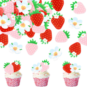 40 Pack Edible Strawberry Cupcake Toppers Starwberry Flower Bridal Engagement Baby Shower Birthday Party Drink Toppers Anniversa