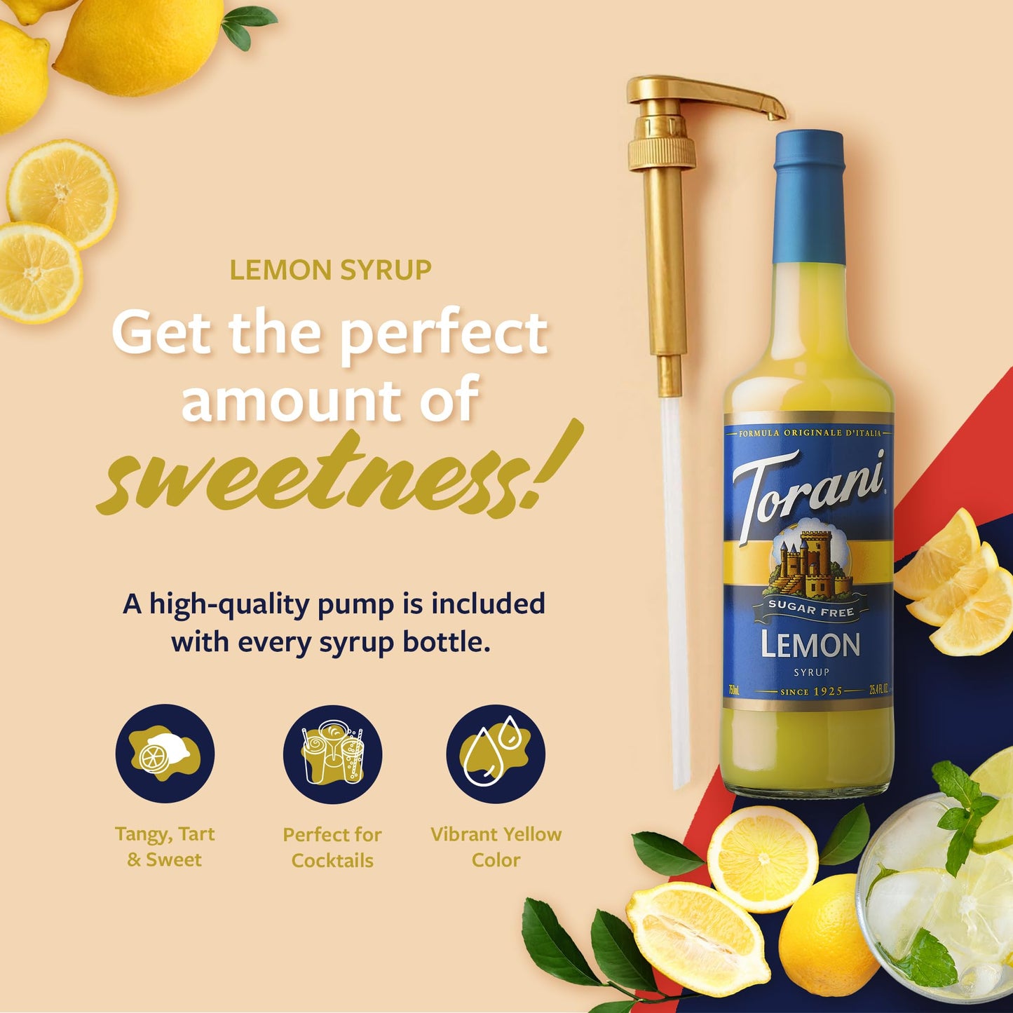 Torani Sugar Free Syrup, Lemon Flavoring For Drinks, Zero Calorie, Glass Bottle With Pump Included, 25.4 Fl Oz