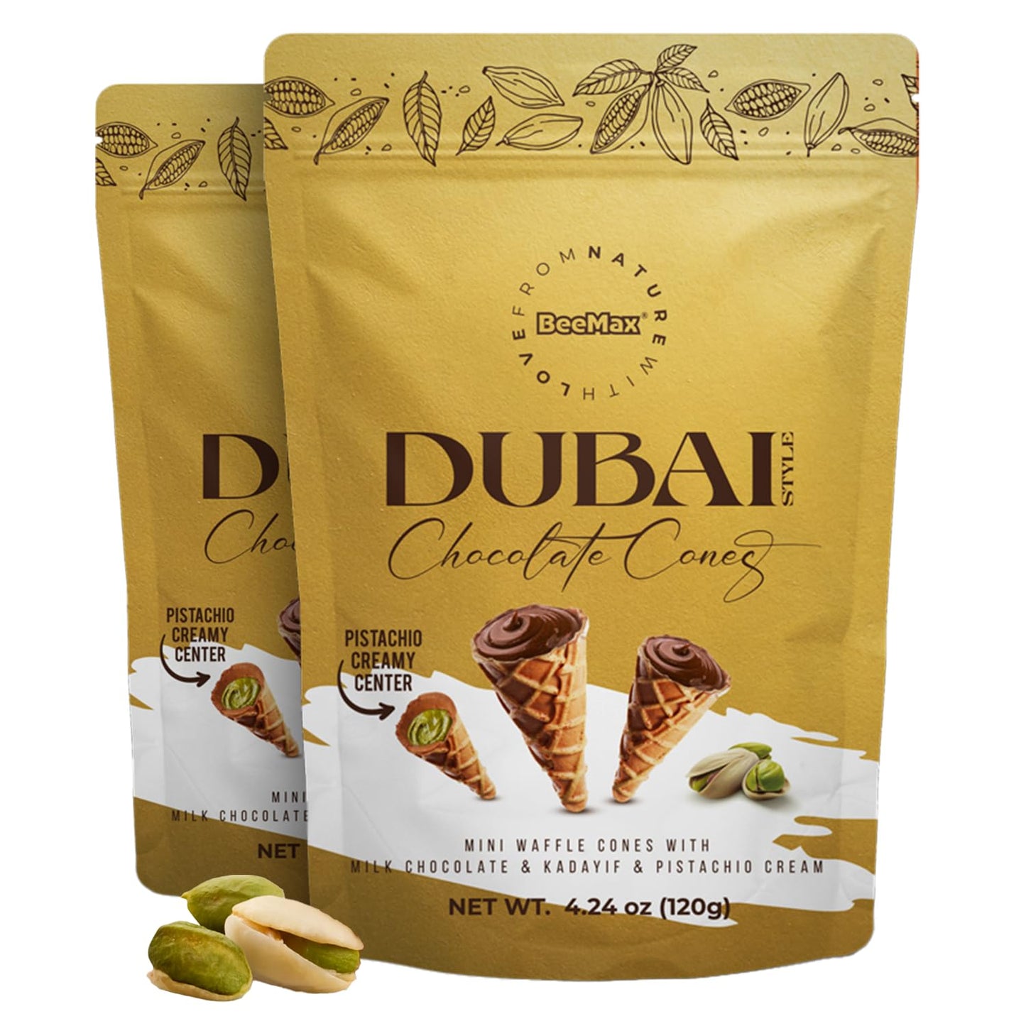 Beemax Dubai Style Chocolate Cones - 4.24Oz Resealable Pouch (Pack Of 2) - Mini Waffle Cones Filled With Milk Chocolate  Pistachio Cream & Crunchy Kadaifi - Gourmet Middle Eastern Candy For Gifting & Indulflavor Blendg