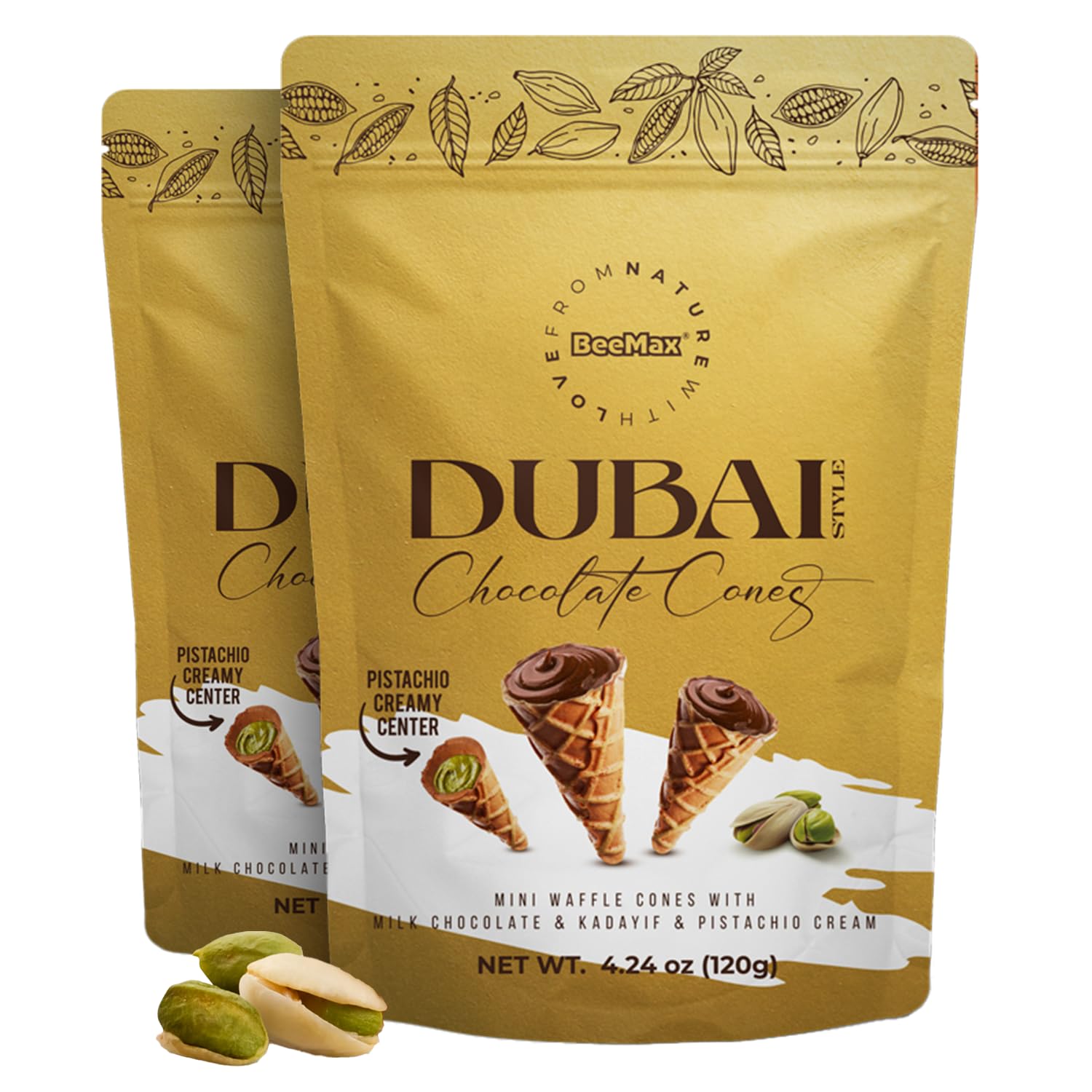 Beemax Dubai Style Chocolate Cones - 4.24Oz Resealable Pouch (Pack Of 2) - Mini Waffle Cones Filled With Milk Chocolate  Pistachio Cream & Crunchy Kadaifi - Gourmet Middle Eastern Candy For Gifting & Indulflavor Blendg