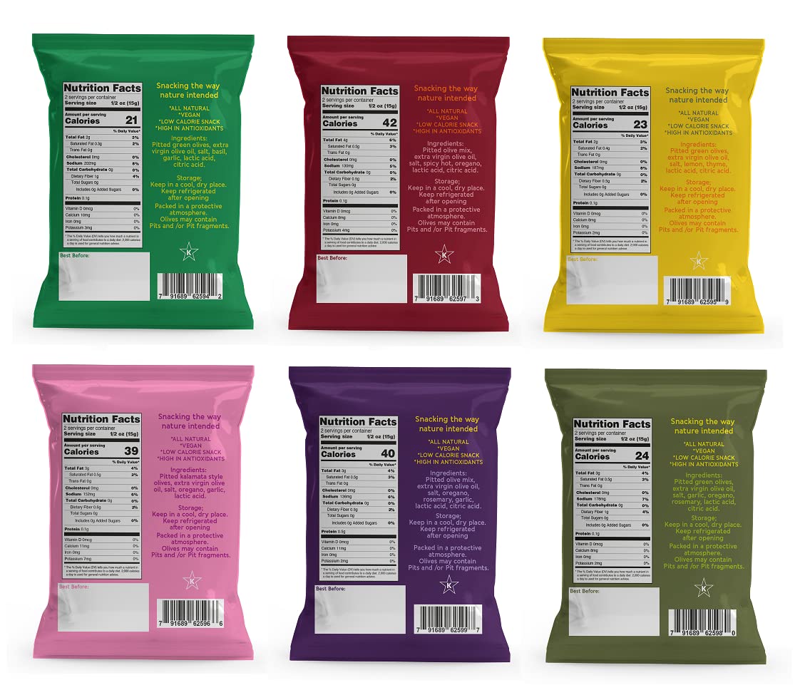 VALESCO OLive Snack Pitted Olives Variety Pack, 6 Flavors, 12 pouches (1 oz each)