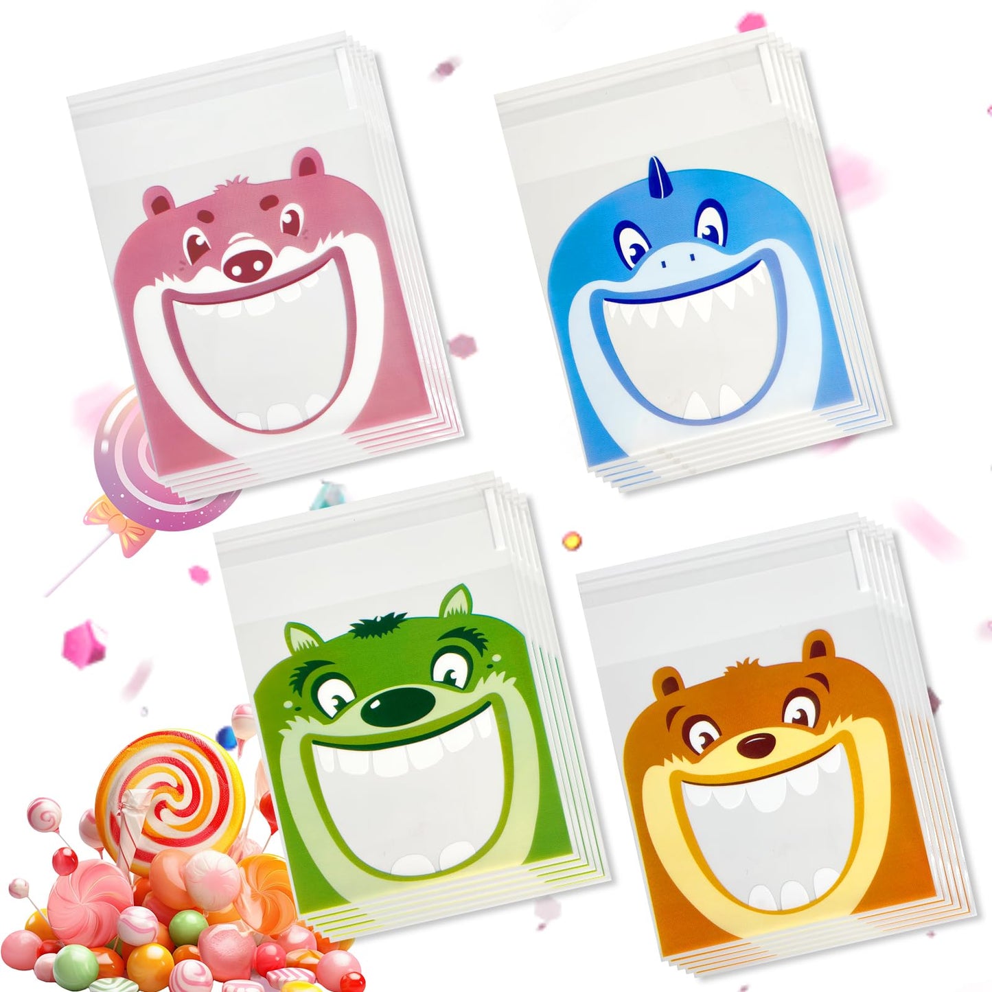 Bnsikun Self Adhesive Cookie Candy Bags, Plastic, 1 Count (Pack of 200), Mouth Monster Design