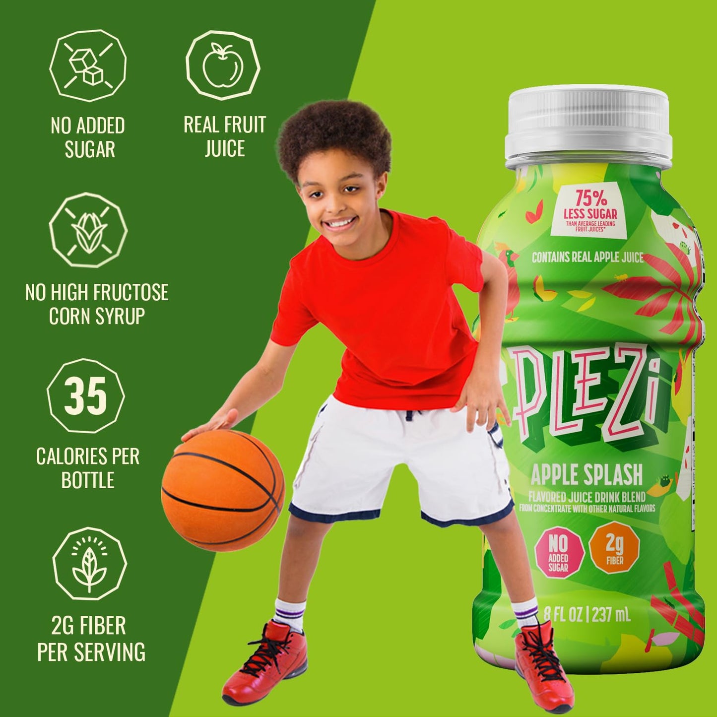 Plezi Flavored Kids Juice Drink - Apple Splash Fruit Juice Drink Blend - No Added Sugar, 2G Fiber - Tasty Refreshing Juices For