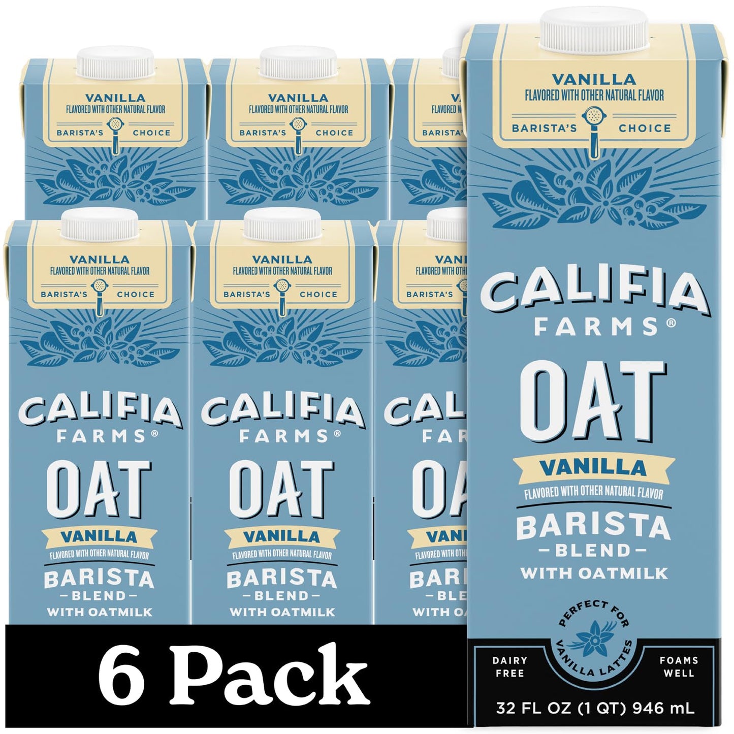 Califia Farms - Vanilla Oat Barista Blend Oat Milk, 32 Oz (Pack of 6), Shelf Stable, Dairy Free, Plant Based, Vegan, Gluten Free