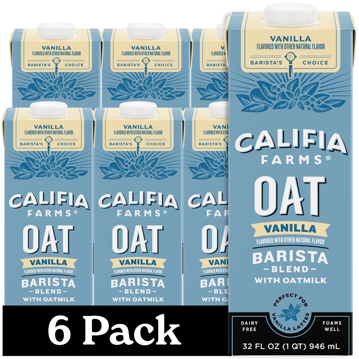 Califia Farms - Vanilla Oat Barista Blend Oat Milk, 32 Oz (Pack of 6), Shelf Stable, Dairy Free, Plant Based, Vegan, Gluten Free