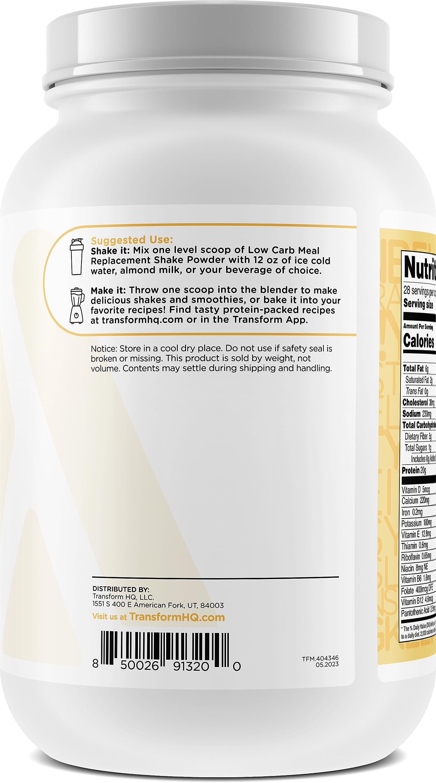 TransformHQ Meal Replacement Shake Powder - Pineapple Whip, Gluten Free, Non-GMO, 40 Ounce (Pack of 1), Model TSF-MRS28-PNAPPLE