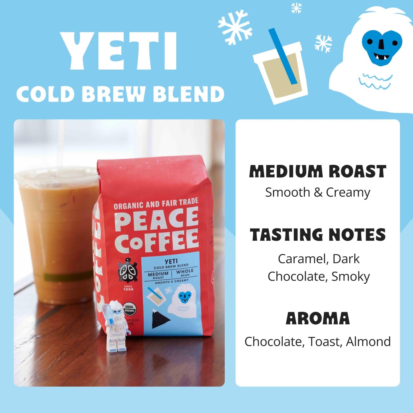 Peace Coffee Yeti Cold Brew Blend | 20 Oz Medium Roast Whole Bean | Organic Fair Trade | Smooth, Rich Flavor | Shade Grown, Fresh Roasted