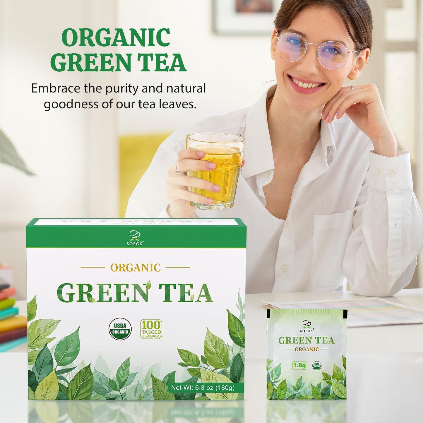 Soeos Organic Green Tea, Caffeinated, 100 Tea Bags, 6.3 Ounce, Fresh and Healthy