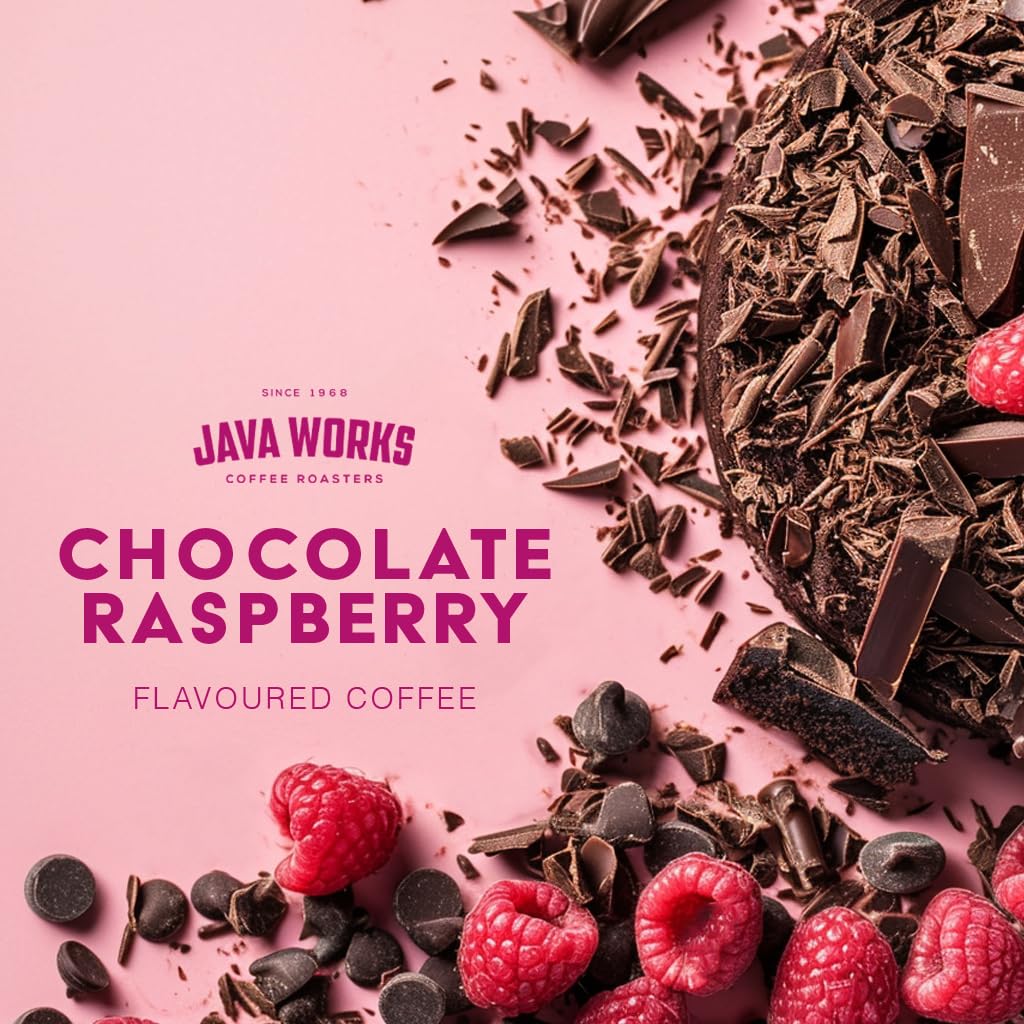 Java Works Coffee - Chocolate Raspberry Flavored Coffee | 12 Ounces | Medium Roast | Whole Bean | No Sugar Added