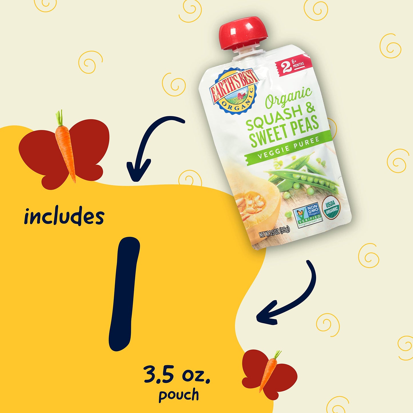 Earth'S Best Organic Baby Food Pouches, Stage 2 Vegetable Puree For Babies 6 Months And Older, Organic Squash And Sweet Peas Pur