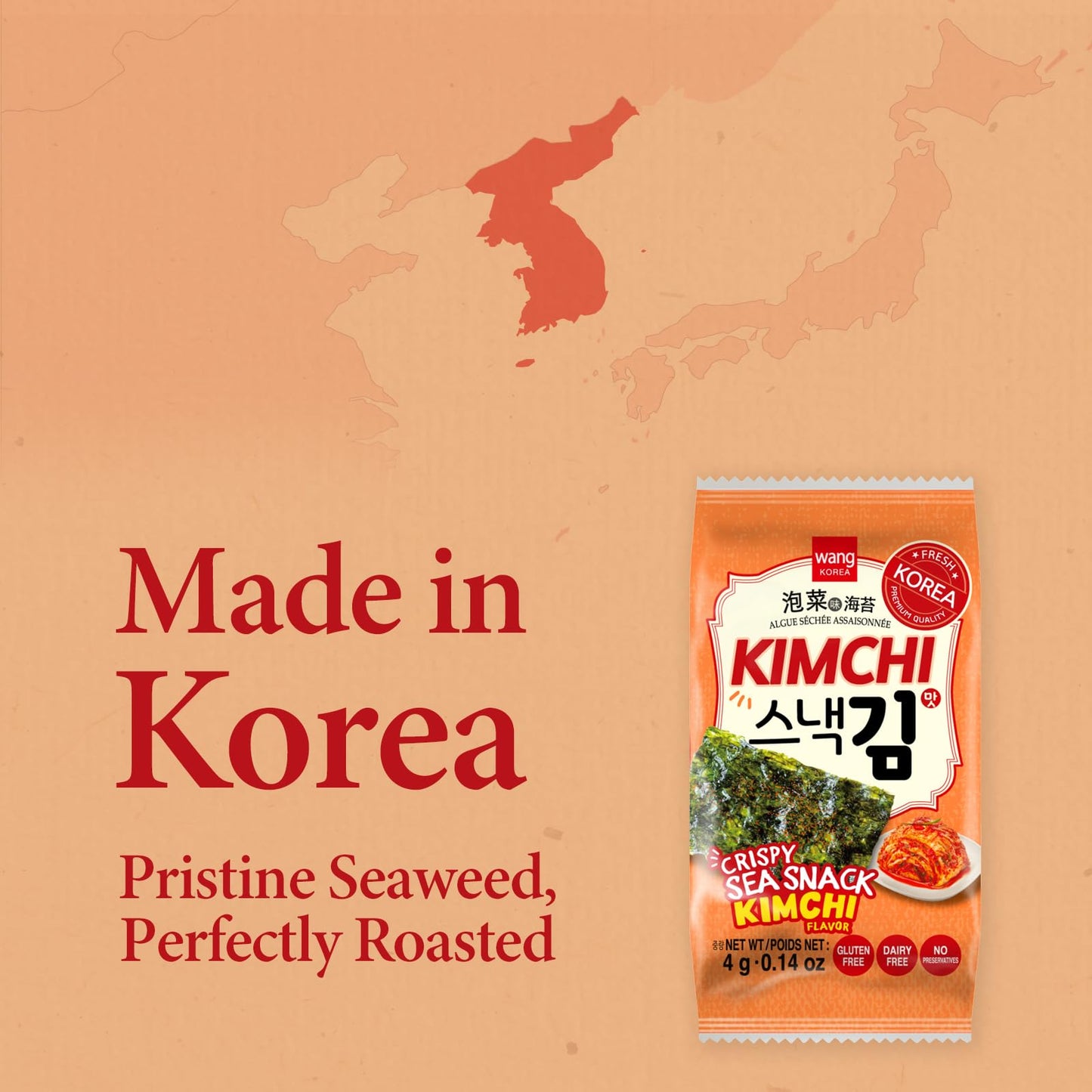 Wang Korean Roasted Seaweed Snack with Kimchi Flavor, Crispy 0.14 oz, Pack of 16