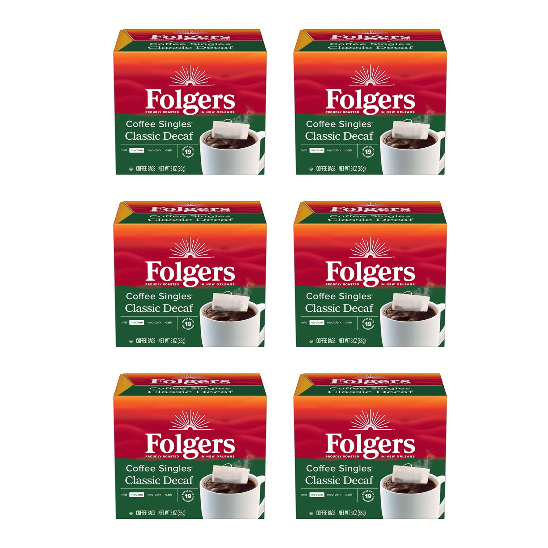 Folgers Coffee Singles Medium Roast Decaf Coffee Bags, 19 Count (Pack Of 6)