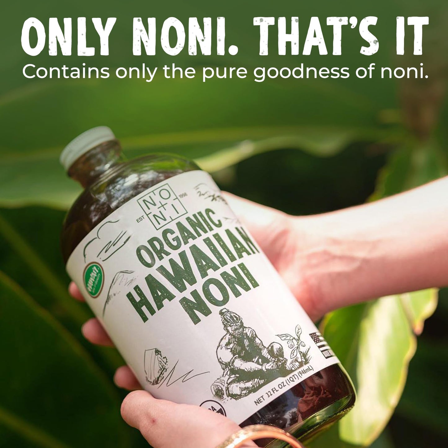 Healing Noni - 2-Pack Glass Bottle 32Oz - 100% Pure Hawaiian Organic Noni Juice - All-Natural Unsweetened Fresh Fruit - Farm Dir