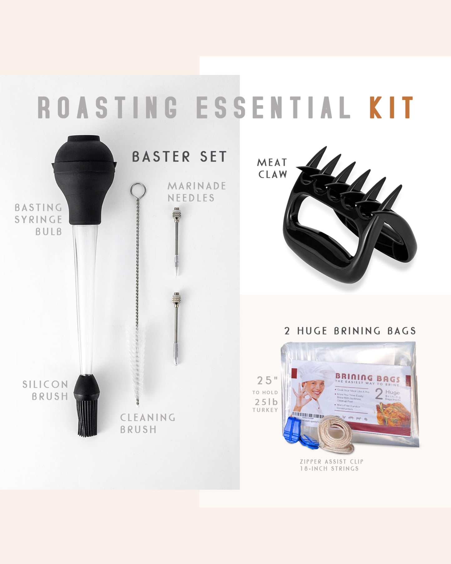 Two Oversized Heavy Duty Brining Bags, Along With Two Strong And Durable Meat Claws And A Turkey Baster Kit - Perfect For Large