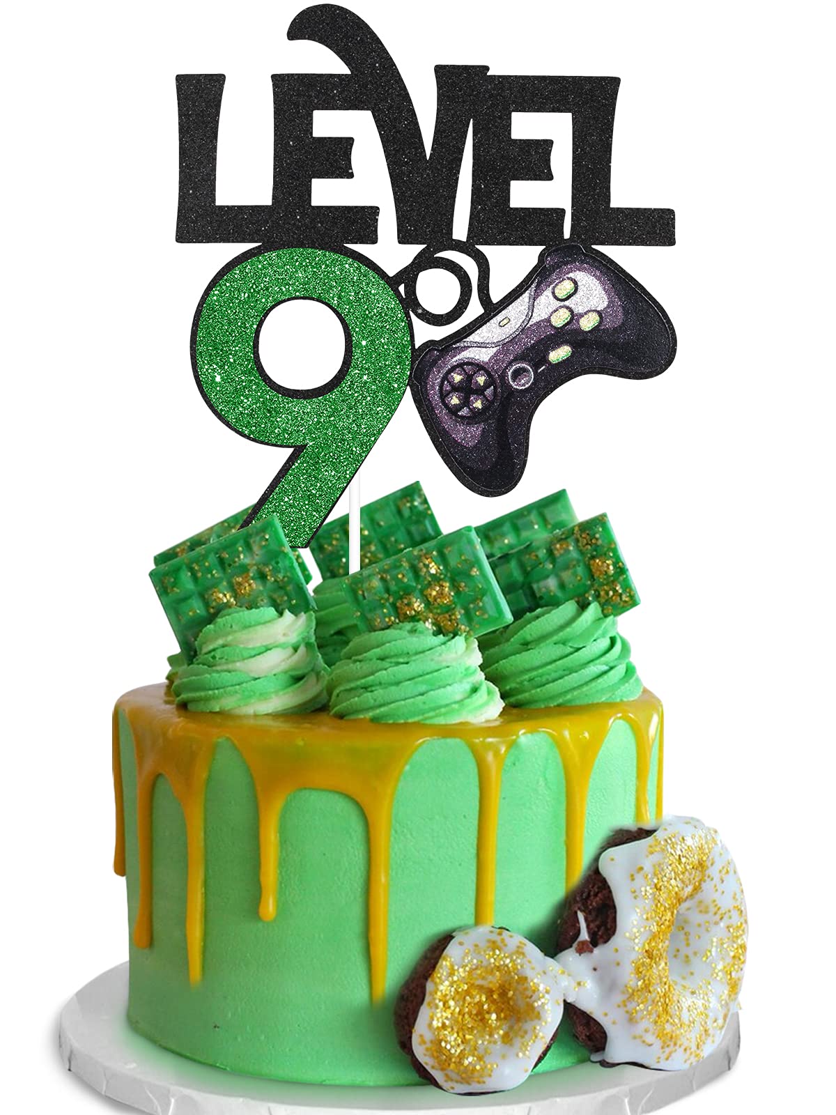 Caiwowo Level 9 Game Birthday Cake Topper - Paper Decoration, Black, for Boys 9th Birthday Party