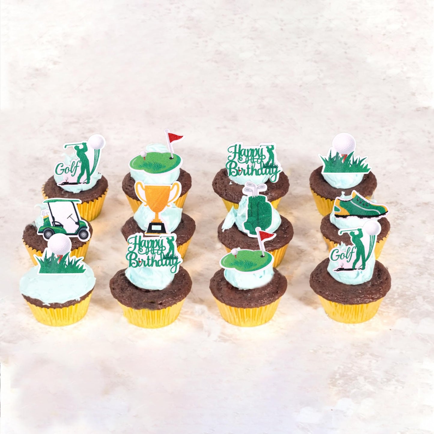 56 Pcs Edible Golf Cupcake Toppers Wafer Paper Trophy Lawn Golf Shoes Bag Ball Carts Cupcake Picks Edible Golf Cake Decorations