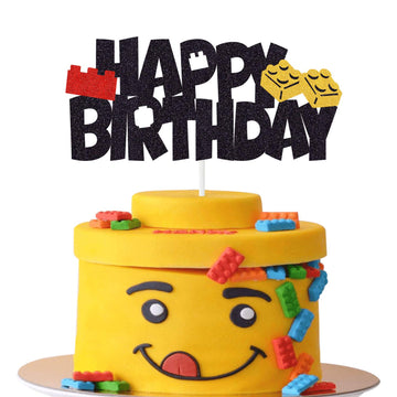 Building Blocks Cake Topper Glitter Happy Birthday Cake Decoration Color Building Brick Theme Birthday Baby Shower Party Supplie