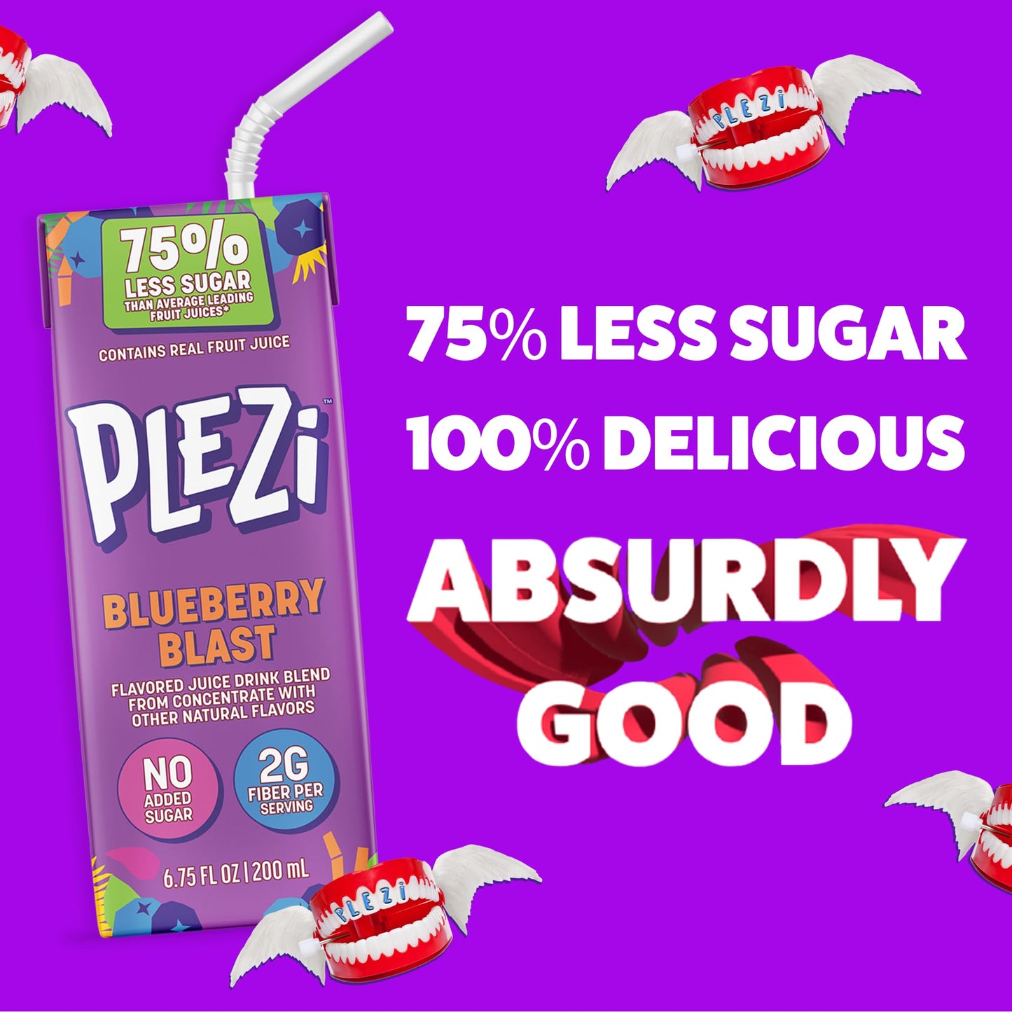 PLEZi Fruit Juice Boxes For Kids, Blueberry Blast - Low Sugar Drinks with Dietary Fiber, Healthy Vitamin C, and Potassium Electr