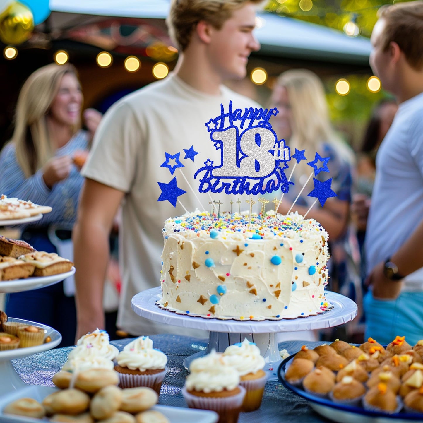 Happy 18Th Birthday Cake Topper, Blue And Silver Glitter Cake Toppers, 18 Year Birthday Party Cake Decoration