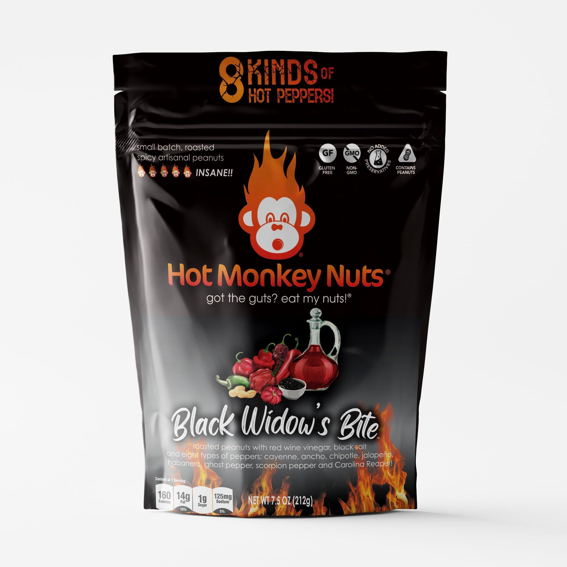 Hot Monkey Nuts Spicy Peanuts | Black Widow S Bite - Red Beverage-Inspired Vinegar  Black Lava Salt  Carolina Reaper  Trinidad Scorpion  Ghost Pepper  Habanero  Jalapeno  Chipotle  Ancho  Cayenne  Non-Gmo  Gluten Free  Vegan