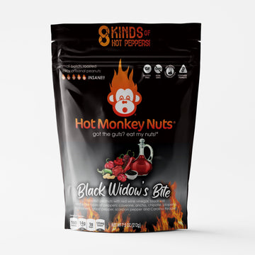 Hot Monkey Nuts Spicy Peanuts | Black Widow S Bite - Red Beverage-Inspired Vinegar  Black Lava Salt  Carolina Reaper  Trinidad Scorpion  Ghost Pepper  Habanero  Jalapeno  Chipotle  Ancho  Cayenne  Non-Gmo  Gluten Free  Vegan