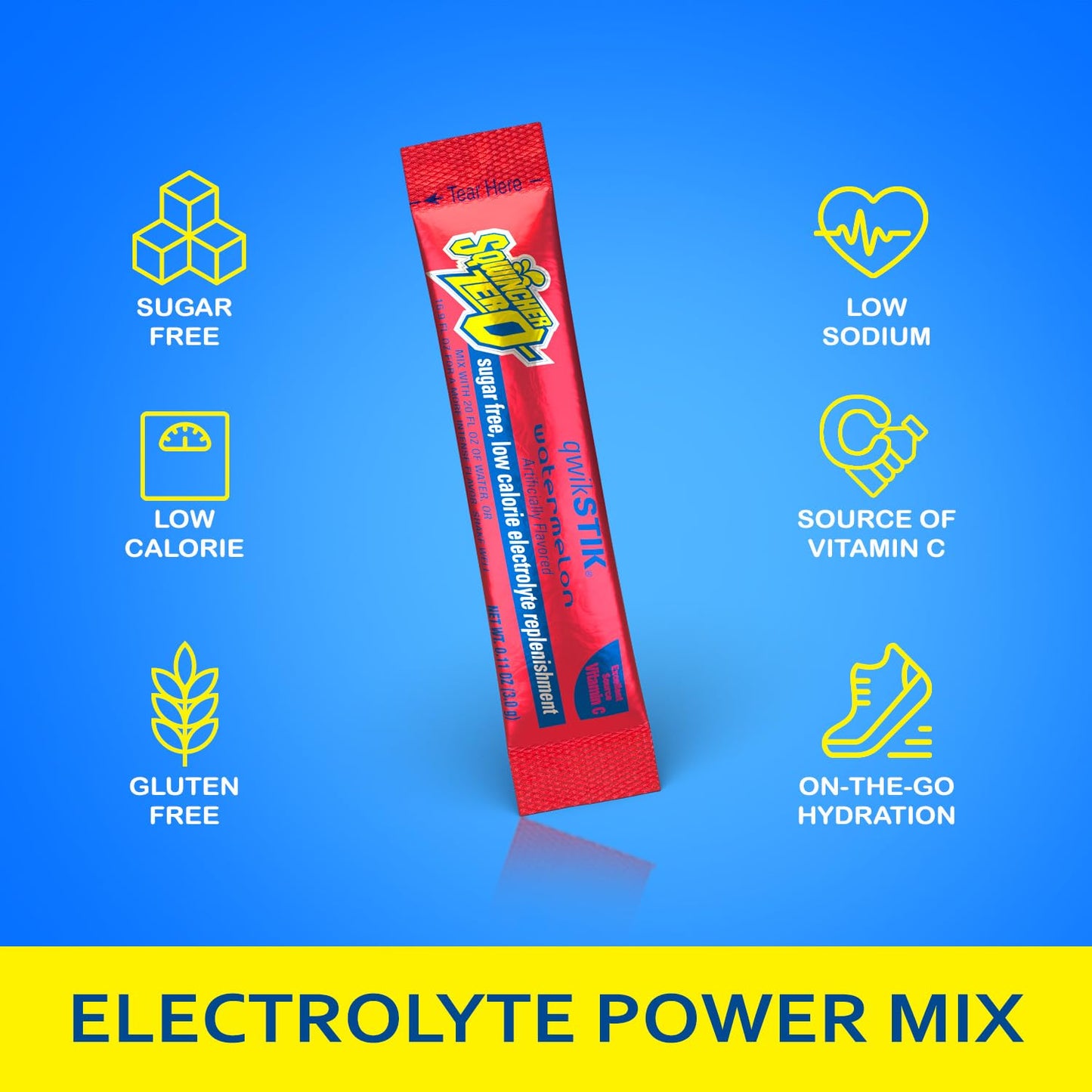 Sqwincher Zero Qwik Stik, Sugar Free, Low Calorie, Low Sodium Electrolyte Powder Hydration Drink Mix, Watermelon, .11 0Z Packet (Pack Of 50)