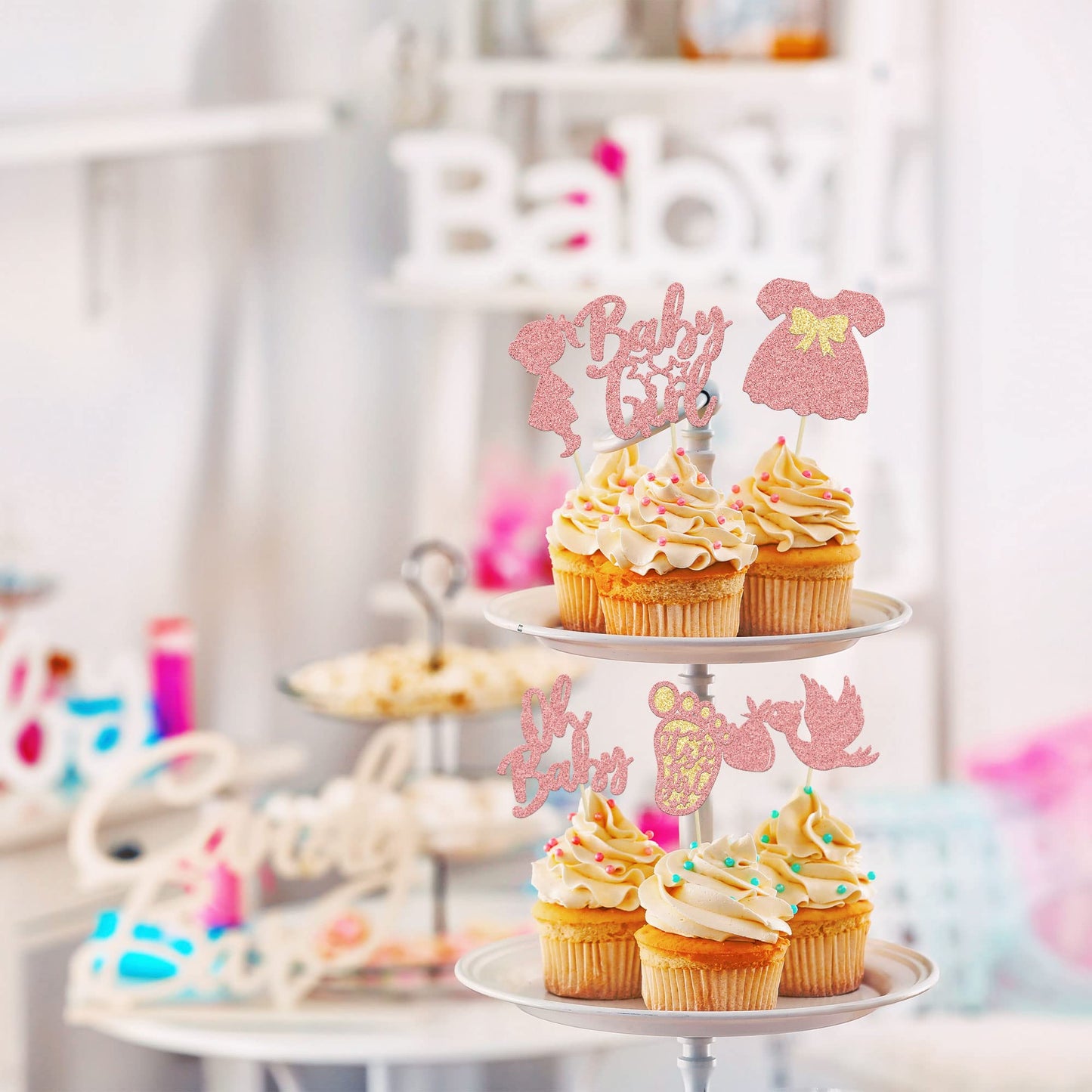 24Pcs Baby Shower Oh Baby Cupcake Toppers Rose Gold Glitter Bow Dress Footprint Swan Baby Girl Cake Picks Decorations For Baby S